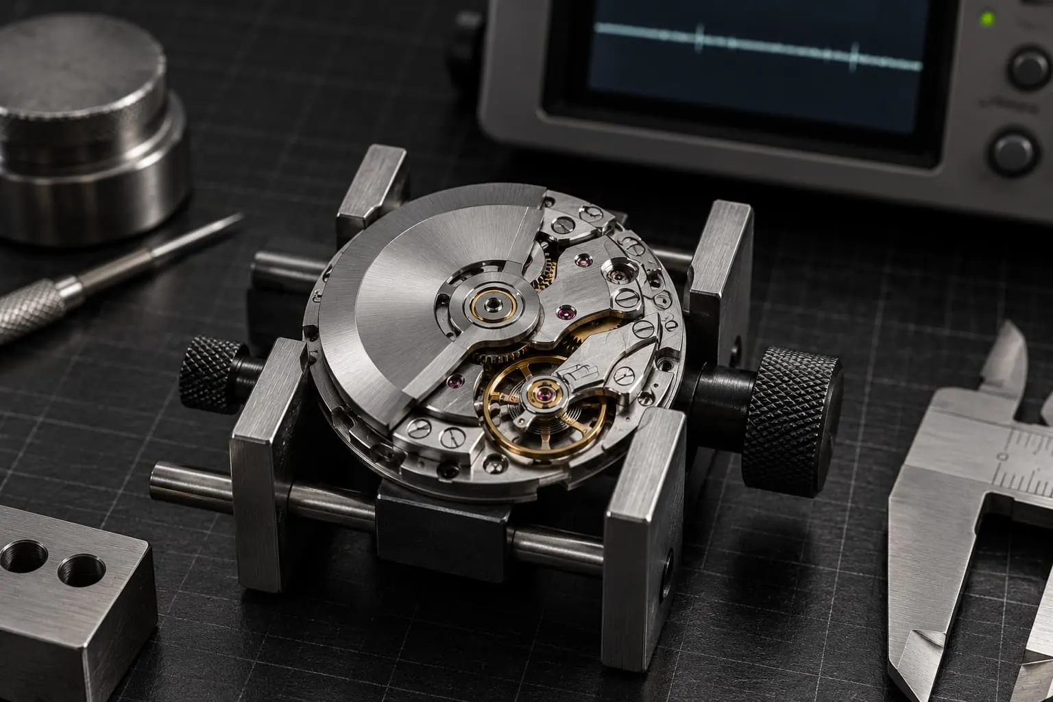 A GAUGE movement clamped in a steel holder on a dark bench, with the timegrapher screen, a caliper and a screwdriver around it.