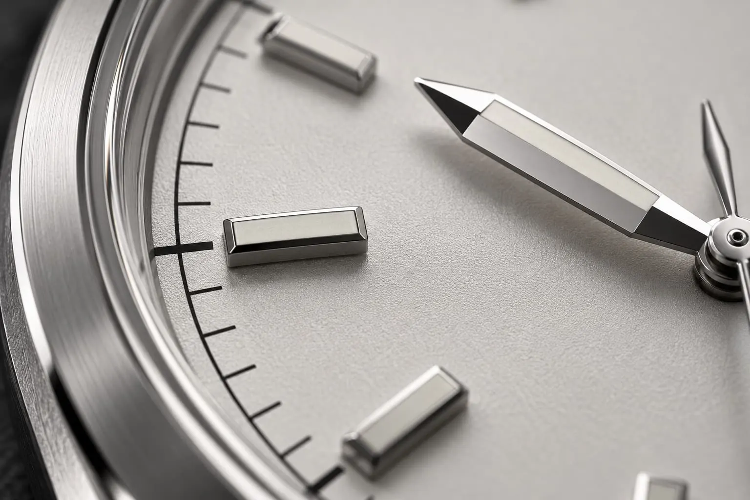 Close-up of the GAUGE-03 silver dial, its printed minute track, applied indices and a faceted hand.